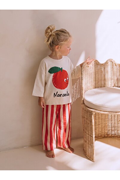 Cigit Oversize Printed Seasonal Suit for 2-10 Years Old Ecru Pink Striped