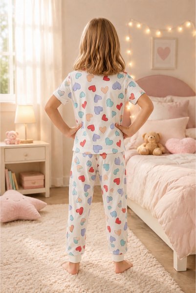 İsobel Kids Kız Çocuk Kalp Desenli %100 Pamuk Süprem Penye Kumaş Kısa Kollu Pijama Takımı