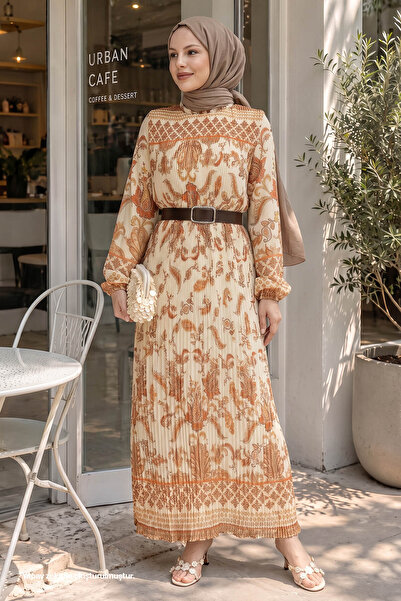 InStyle Tanya Pleated Belted Chiffon Dress - Orange