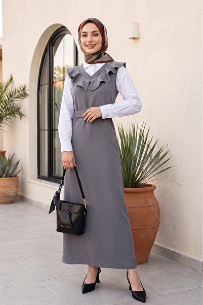 Modamorfo V-Collar Belted Long Jile Dress - Dark Gray