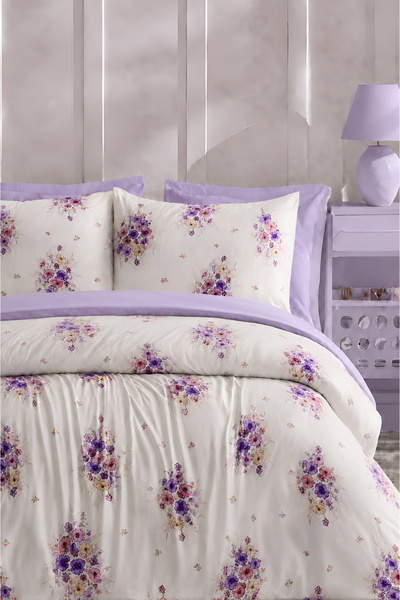 İQON Elastic Sheet Duvet Cover Set Single Size Bouquet Lilac