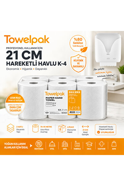 Rulopak Towelpak 21 cm Hareketli Havlu K-4 2 Katlı Endüstriyel Kağıt Havlu 6 ...