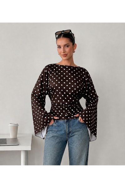 ns nirvana secret Women's Boat Neck Polka Dot Spanish Sleeve Slit Blouse