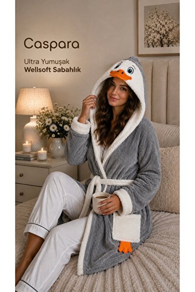 CASPARA Ördek Nakışlı Kadın Kapüşonlu Wellsoft Peluş Bornoz / Sabahlık , Cepl...