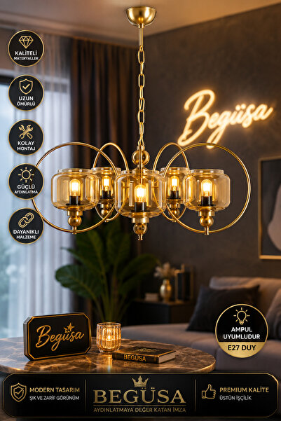 Begüsa Aspenos 5.Li Avize Eskitme, Modern Tasarımlı Avize, 5’li Dekoratif Tav...