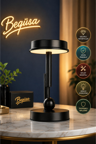 Begüsa Raven Ledli Masa Lambası Siyah – Modern Minimal Tasarım Dekoratif Abaj...