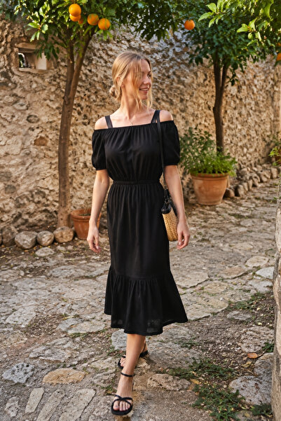 armonika Women's Black Elastic Waist Strap Dress ARM-21K001214