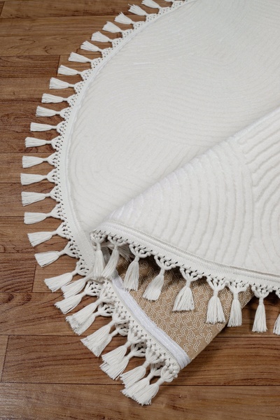 Valery Home Merinos Rölyef Joy Krem Daire Kaymaz Taban Kesme Halı Pon Pon