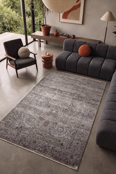 Cool Halı Pierra Koyu Kahve Gri Doğal Tencel İplik Yumuşak Damask Desenli Pre...