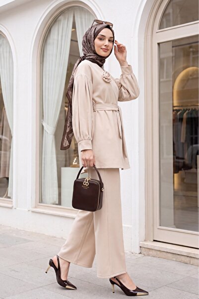 Modamorfo V-Neck Rose Brooch Belted Balloon Sleeve Pleated Elastic Waist Pant...