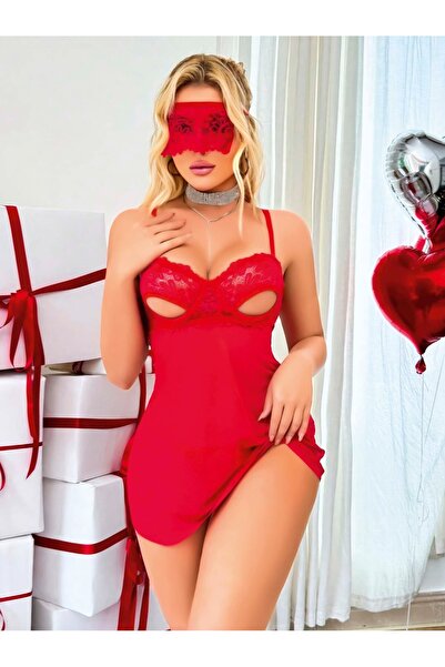 Kırmızı Dantel Detaylı Babydoll İç Giyim Seti – 3 Parça