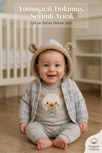 MİLAYS LİFE HOME COLLECTİON 0-3 Months Baby Boy Furry Ears Bear Embroidered C...