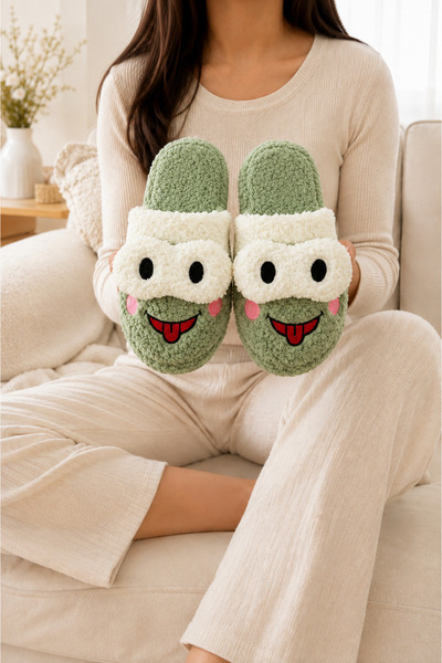 ZARICH Kroaky Green Plush Frog Figured Closed-Toe Non-Slip Winter Warm Comfor...