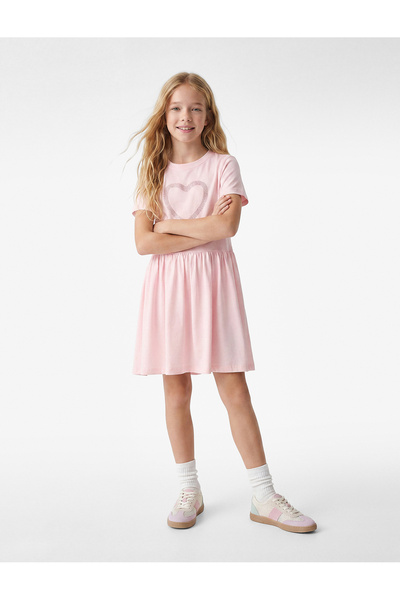 Koton Heart Detailed Short Sleeve Crew Neck Cotton Dress