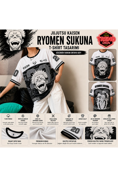 FG KONNİCHİWA Jujutsu Kaisen Ryomen Sukuna Printed Unisex Crew Neck Short Sle...