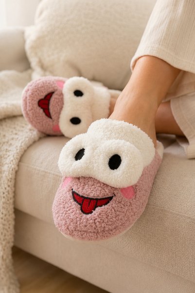 ZARICH Kroaky Powder Plush Frog Figured Closed Toe Non-Slip Winter Warm Comfortable Women's Home Bundle Dowry Slippers