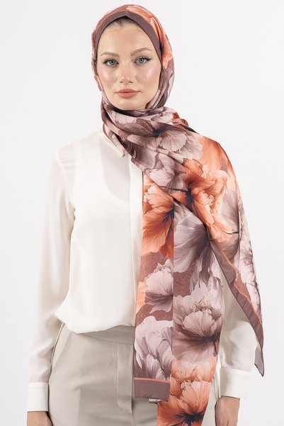 m moon scarf Flower Pattern Cotton Shawl, Imported Fabric, High Quality & New Season Shawl, Rosea Collection "Coffee-Orange"