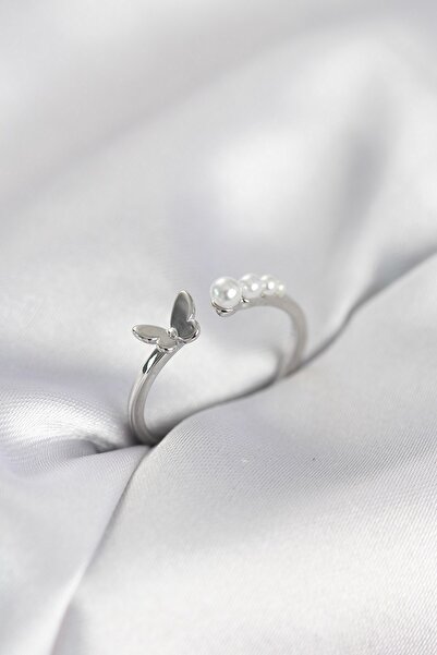 Inure Jewelry خاتم نسائي من النحاس باللون الفضي موديل الفراشة مع اللؤلؤ