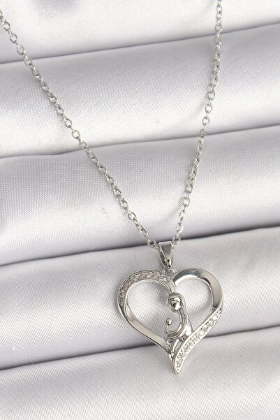 Inure Jewelry 316L Steel Silver Color Chain Zircon Stone Detailed Heart Model...
