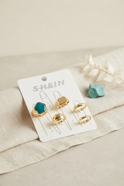 Inure Jewelry Gold Color Brass Green Stone Detailed Bohemian Ring Combination...