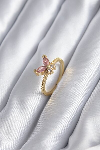 Inure Jewelry خاتم نسائي على شكل فراشة من حجر الزركون الوردي باللون الذهبي