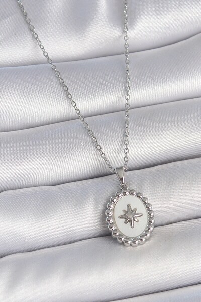 Inure Jewelry 316L Steel Silver Color Chain White Enamel Pole Star Embroidere...