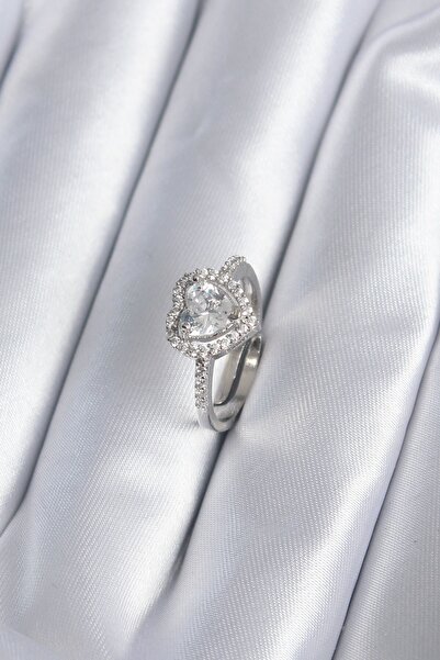 Inure Jewelry Brass Silver Color Zircon Stone Heart Charm Model Women's Ring