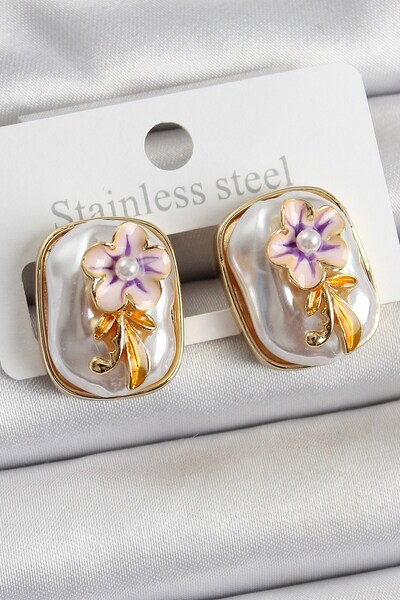 Inure Jewelry Brass White Enamel Pearl Detailed Flower Figured Artistic Portr...