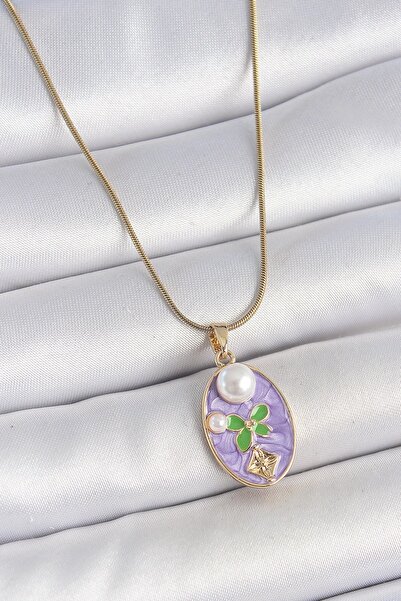 Inure Jewelry 316L Steel Gold Color Chain Purple Enamel Oval Pearl Flower Emb...