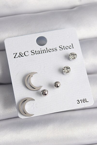 Inure Jewelry 316L Steel Silver Color Zircon Stone Crescent Model Women's Ear...