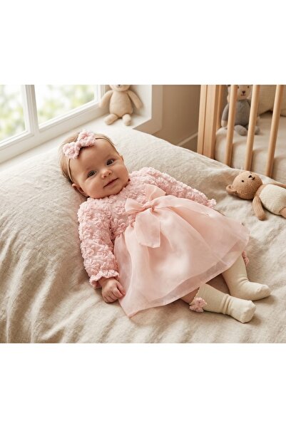 Lovia Baby Kız Bebek Fiyonklu Kabartma Çiçek Detaylı Tül Elbise 3'lü Set Çora...