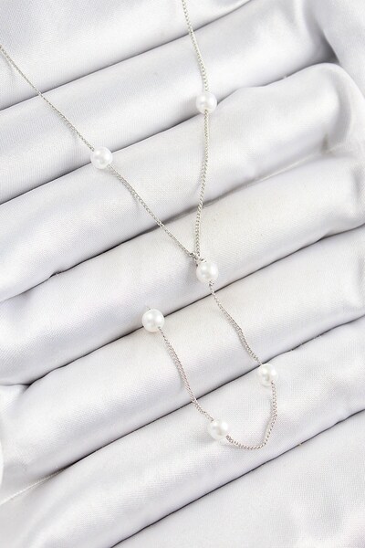 Inure Jewelry Y Model Silver Color Women's Necklace with Rice Pearl Figure