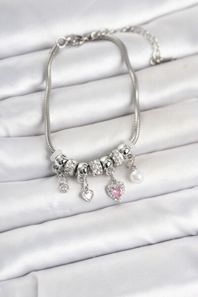 Inure Jewelry Brass Silver Color Heart Detailed Charm Women's Bracelet