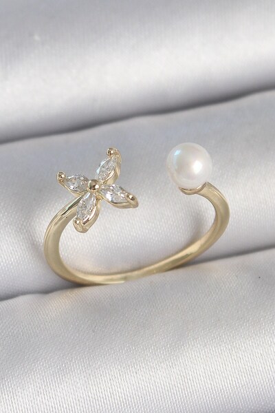 Inure Jewelry Brass Gold Color Zircon Stone Flower Model Pearl Detail Adjusta...