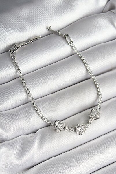 Inure Jewelry Brass Row Heart Figured Zircon Stone Silver Color Women's Bracelet