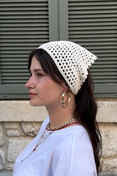 MELUSH Cream Colored Mesh Model Bandana, Handmade Knitted Bandana