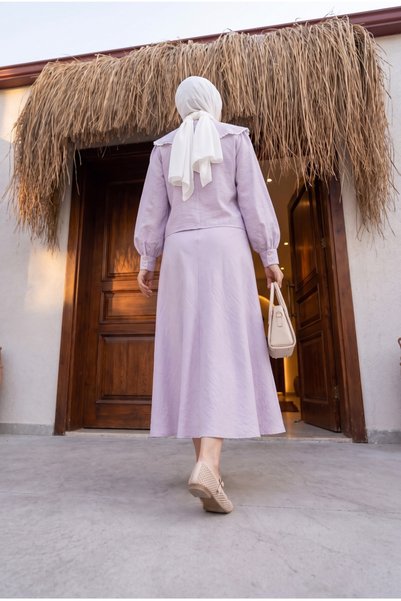 Generic Brand Lace Ruffled Collar Linen Buttoned Regular Maxi Hijab Skirt Set - Lilac
