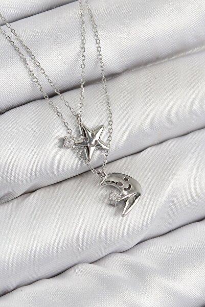 Inure Jewelry Brass Zircon Stone Star and Moon Model Silver Color Women's Nec...