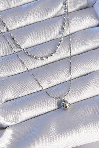 Inure Jewelry 316L Steel Double Chain Silver Color Ball Model Necklace