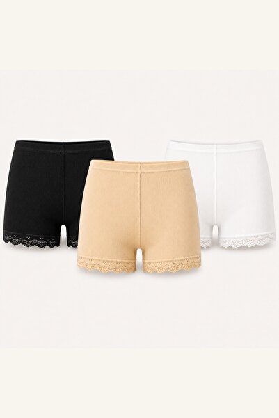 İncili Tekstil Women's Ribbed Lace Boxer Briefs Set of 3 - Cotton Stretch Sho...