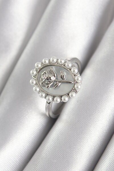 Inure Jewelry Brass Silver Color Portrait Rose Model Pearl Detail Women's Ring