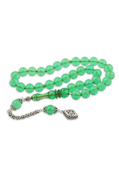 Inure Jewelry ​ Silver Tassel Green Sphere Fire Amber Prayer Beads
