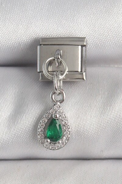 Inure Jewelry 316L Steel Silver Color Hanging Green Zircon Stone Drop Model N...