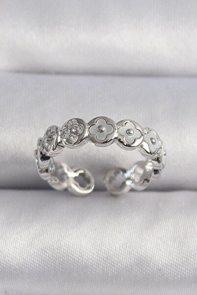 Inure Jewelry Brass Silver Color White Pearlescent Clover Model Women's Ring