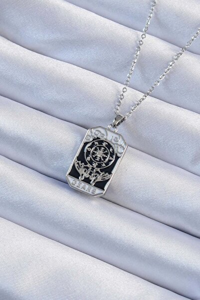 Inure Jewelry 316L Steel Chain Silver Color Embroidered Black Enamel Tarot Ne...