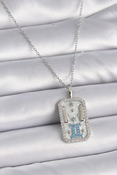 Inure Jewelry 316L Steel Silver Color Chain Gemini Zodiac Sign Zircon Stone W...