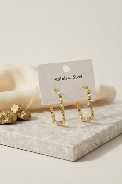 Inure Jewelry 316L Steel Gold Color Serrated Rectangular Hoop Model Earrings