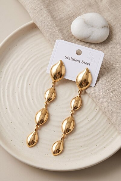 Inure Jewelry 316L Steel Gold Color Leaf Motif Long Design Earrings