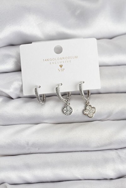 Inure Jewelry Brass Silver Color Clover Model 3-Piece Women's Earring Set