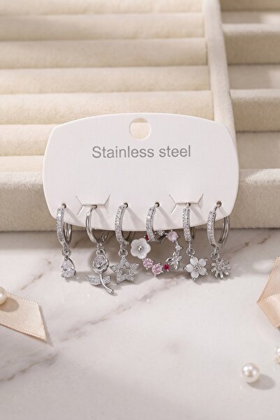 Inure Jewelry 316L Steel Silver Color Flower Detailed Women's Earring Set
